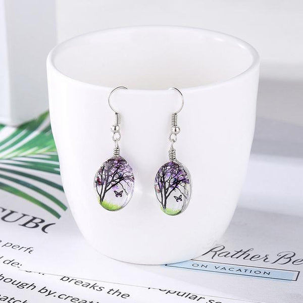 Butterfly Wishing Tree Glass Dried Flower Long Drop Earrings