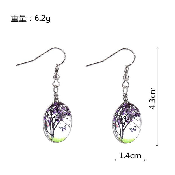 Butterfly Wishing Tree Glass  Dried Flower Long Drop Earrings