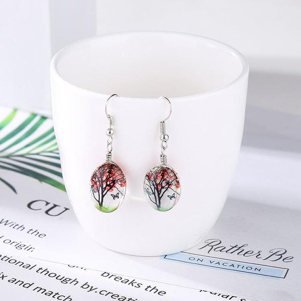 Butterfly Wishing Tree Glass  Dried Flower Long Drop Earrings